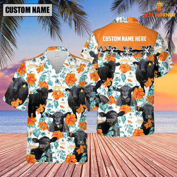 Joycorners Black Angus Hibiscus Floral Custom Name 3D Hawaiian Shirt