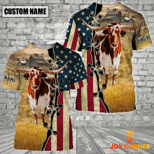 Joycorners Custom Name Texas Longhorn Cattle American Flag 3D Shirt