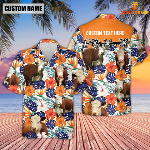 Joycorners Hereford Hibiscus Blue Floral Custom Name 3D Hawaiian Shirt