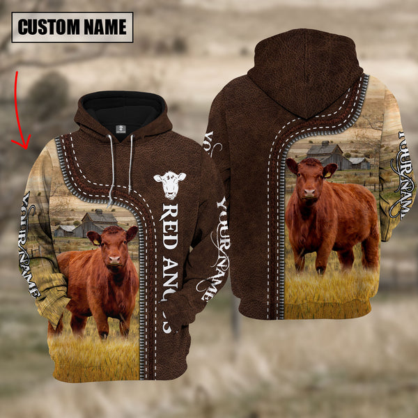 Joycorners Red Angus Farming Leather Pattern Personalized 3D Hoodie