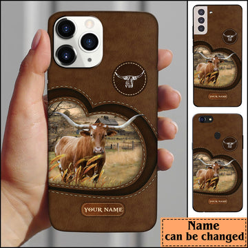 Joycorners Texas Longhorn Customized Name Leather Pattern Phone Case - Iphone