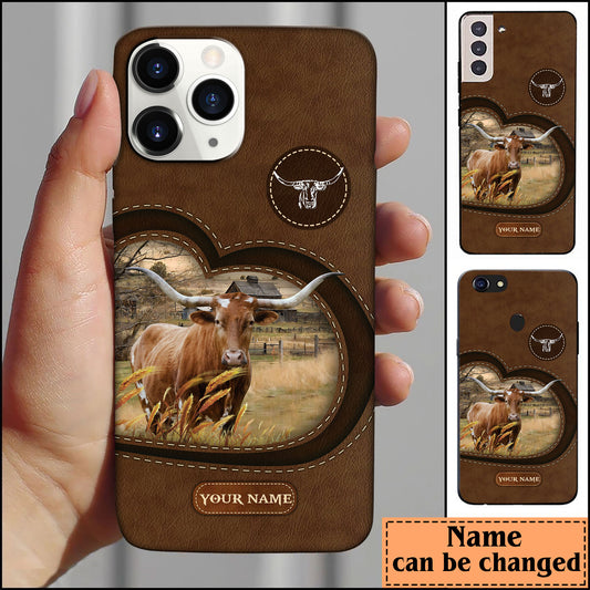 Joycorners Texas Longhorn Customized Name Leather Pattern Phone Case - Iphone