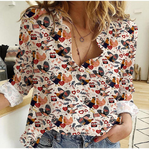 Joy Corners Chickens And Hearts Pattern Casual Shirt