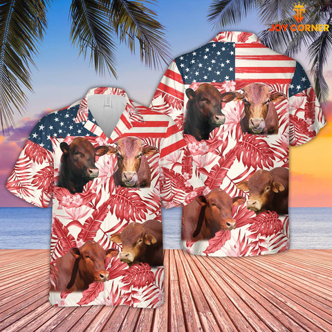 Joycorners Beefmaster Red Floral US Flag 3D Hawaiian Shirt