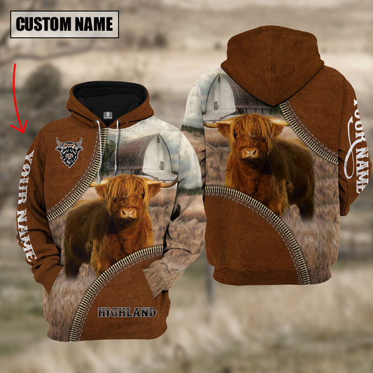 Joycorners Custom Name Highland Cattle Leather Zipper  3D Hoodie