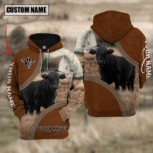 Joycorners Custom Name Black Angus Cattle Leather Zipper   3D Hoodie