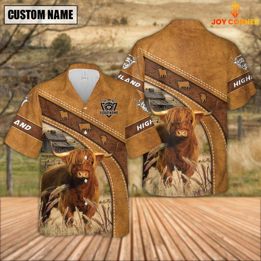 Joycorners Custom Name Highland Cattle Leather Pattern Hawaiian Shirt