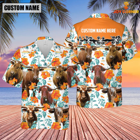 Joycorners Texas Longhorn Hibiscus Floral Custom Name 3D Hawaiian Shirt