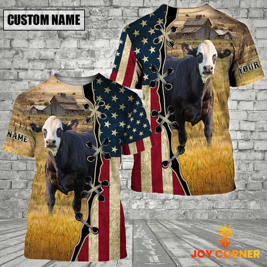 Joycorners Custom Name Black Baldy Cattle American Flag 3D Shirt