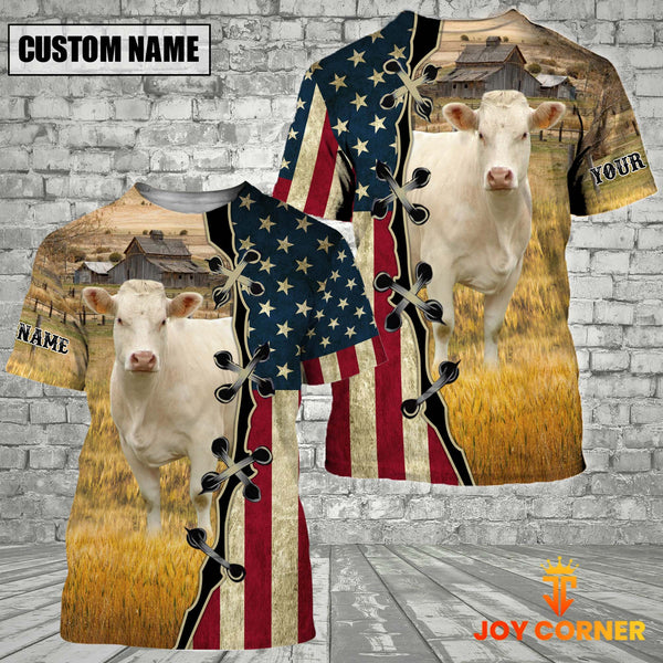 Joycorners Custom Name Charolais Cattle American Flag 3D Shirt