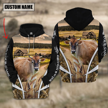 Joycorners Brown Swiss Custom Name Meadow Pattern Black Hoodie