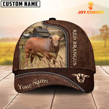 Joycorners Red Brangus Customized Name Leather Pattern Cap