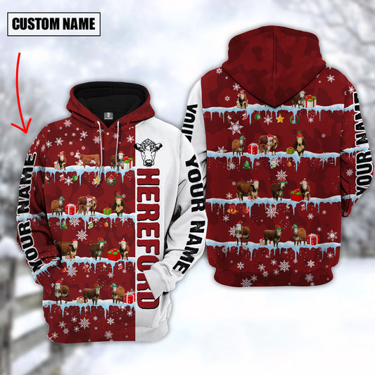 Joycorners Personalized Name Hereford Cattle Christmas 3D Hoodie