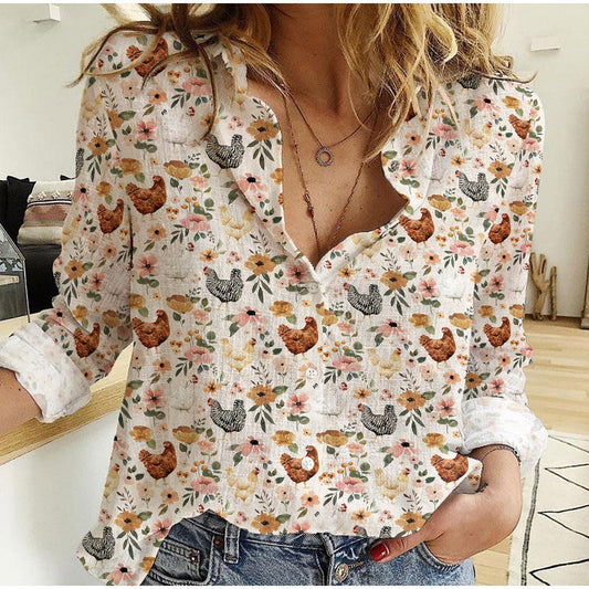 Joycorner Watercolor Chicken Floral Casual Shirt