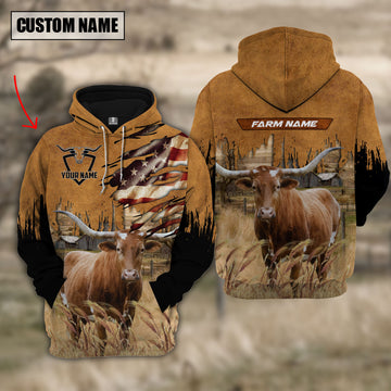 Joycorners Texas Longhorn Custom Name US FLAG Pattern Hoodie