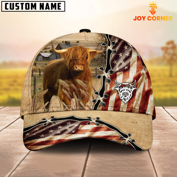 Joycorners Highland Cattle American Flag Custom Name Retro Cap