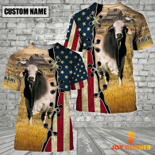 Joycorners Custom Name Brahman Cattle American Flag 3D Shirt