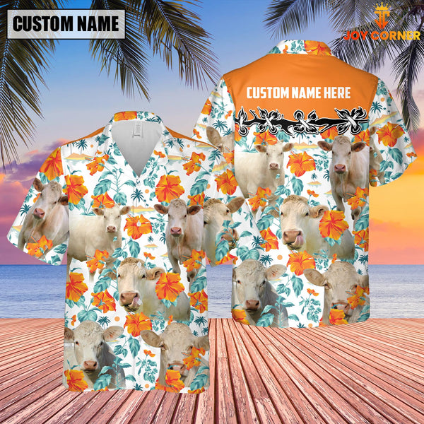 Joycorners Charolais No Horn Hibiscus Floral Custom Name 3D Hawaiian Shirt