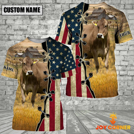 Joycorners Custom Name Brown Swiss Cattle American Flag 3D Shirt