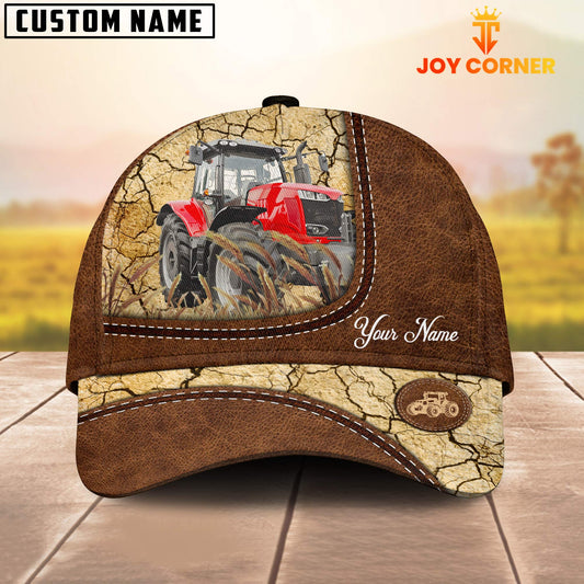 Joycorners Custom Name Red Tractor Leather Pattern Brown Cap