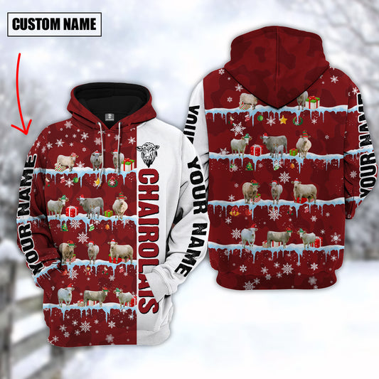 Joycorners Personalized Name Charolais Cattle Christmas 3D Hoodie