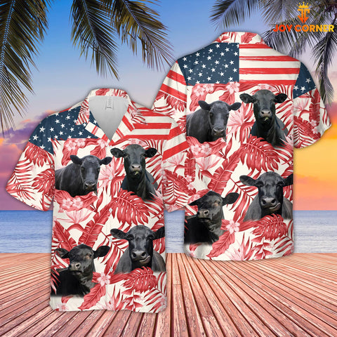 Joycorners Black Angus Red Floral US Flag 3D Hawaiian Shirt