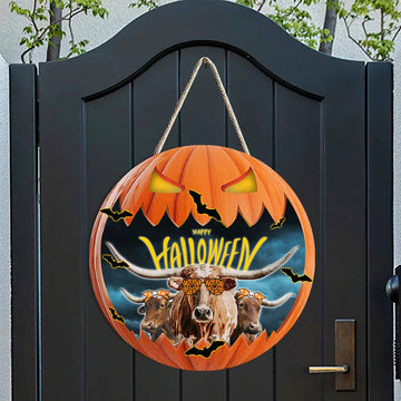 Joycorners Texas Longhorn In Halloween Decoration Pumkpin Happy Halloween Wooden Sign