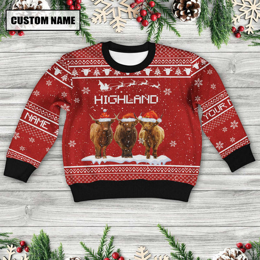 Joycorners Highland Cattle Custom Name Happy Xmas Sweater For Kids