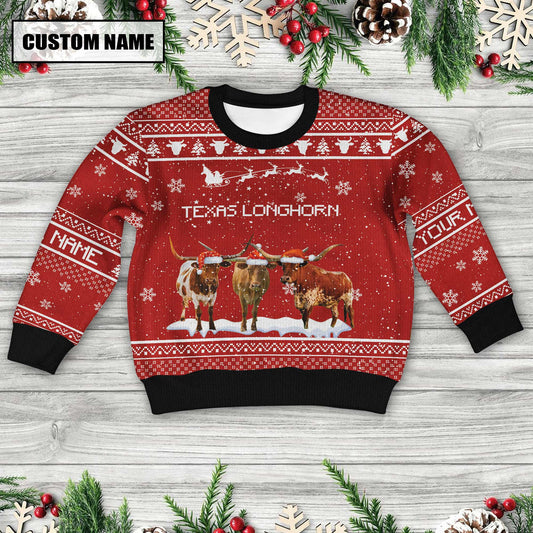 Joycorners Texas Longhorn Custom Name Happy Xmas Sweater For Kids