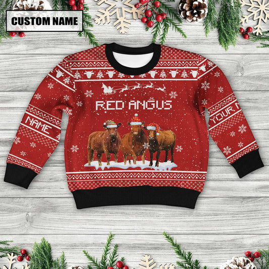 Joycorners Red Angus Custom Name Happy Xmas Sweater For Kids