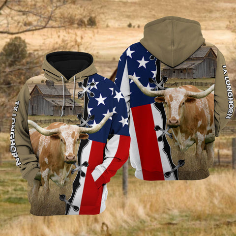 Joycorners Texas Longhorn Cattle US Flag All Over Printed 3D Hoodie