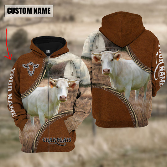 Joycorners Custom Name Charolais Cattle Leather Zipper  3D Hoodie