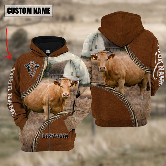 Joycorners Custom Name Limousin Cattle Leather Zipper  3D Hoodie