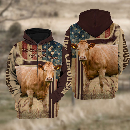 Joycorners Limousin Cattle 3D American Flag Quotation Hoodie