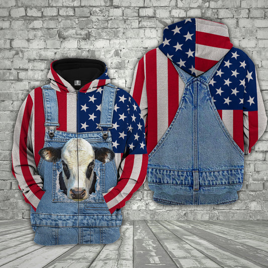 Joycorners Black Baldy Cattle US Flag Farm Personalized 3D Hoodie