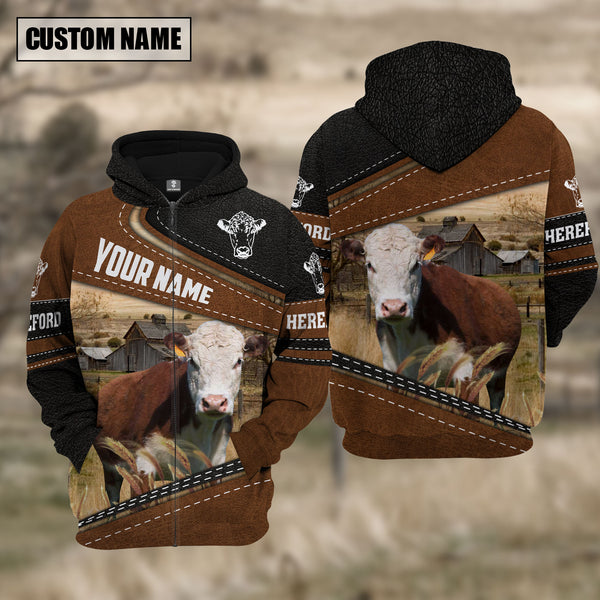 Joycorners Hereford Cattle Leather Pattern Farm Personalized 3D Hoodie