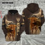 Joycorners Highland Cattle Brown Leather Personalized 3D Hoodie