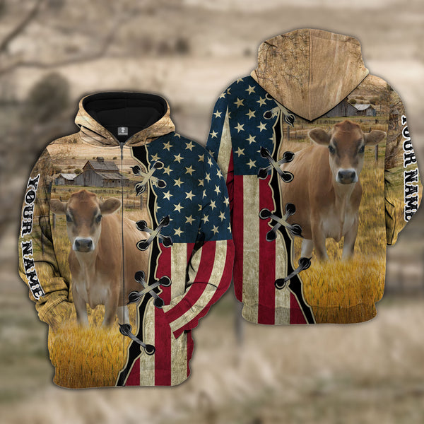Joycorners Custom Name Jersey Cattle American Flag 3D Shirt