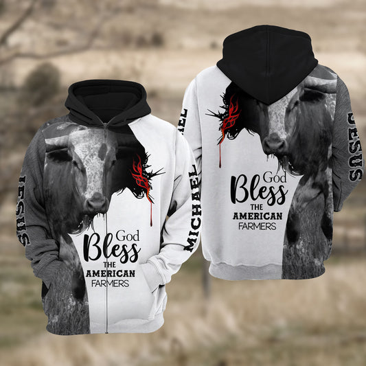 Joycorners Custom Name Tx-LongHorn Cattle Jesus Hoodie