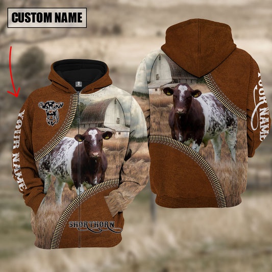 Joycorners Custom Name Shorthorn Cattle Leather Zipper 3D Hoodie