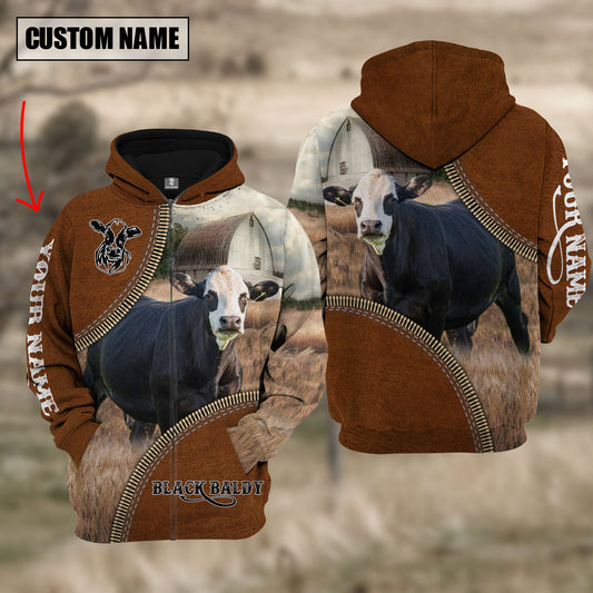 Joycorners Custom Name Black Baldy Cattle Leather Zipper  3D Hoodie