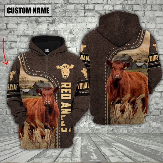 Joycorners Red Angus Cattle Brown Leather Personalized 3D Hoodie