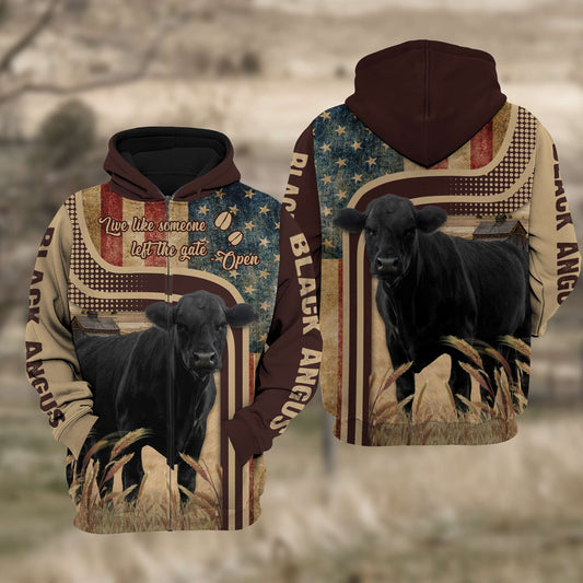 Joycorners Black Angus Cattle US Flag All Over Printed 3D Cattle Hoodie TT2