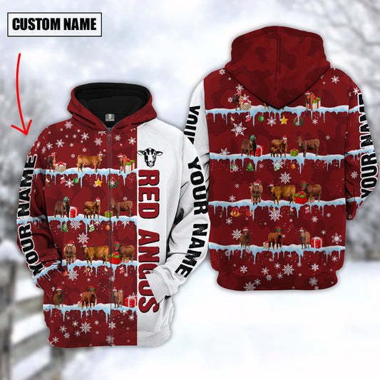 Joycorners Personalized Name Red Angus Cattle Christmas 3D Hoodie