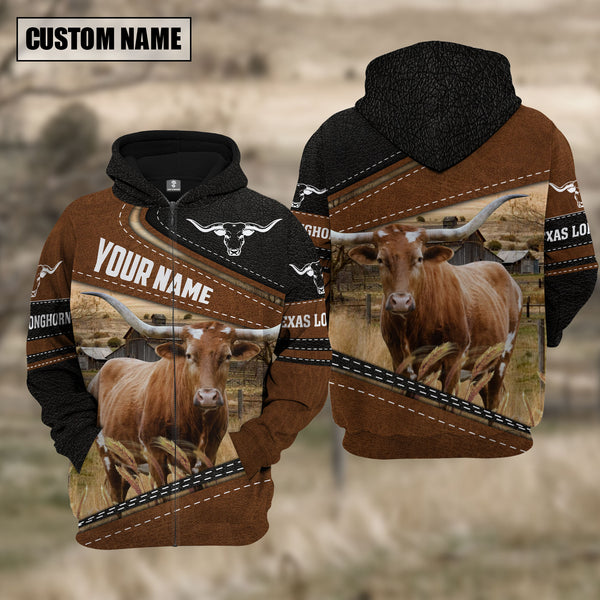 Joycorners Texas Longhorn Cattle Leather Pattern Farm Personalized 3D Hoodie