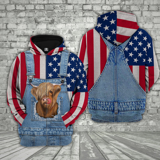 Joycorners Highland Cattle US Flag Farm Personalized 3D Hoodie