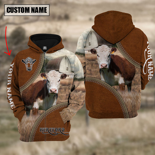 Joycorners Custom Name Hereford Cattle Leather Zipper 3D Hoodie