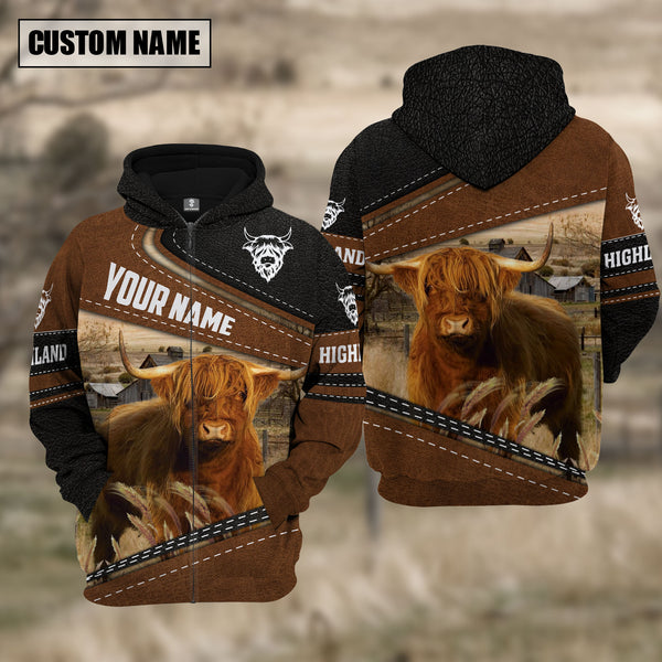 Joycorners Highland Cattle Leather Farm Personalized 3D Hoodie