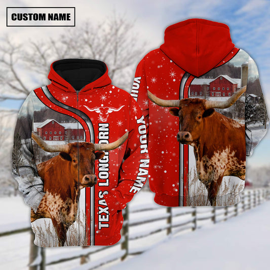 Joycorners Texas Longhorn Cattle Christmas On The Farm Over Printed 3D Customized Name Hoodie