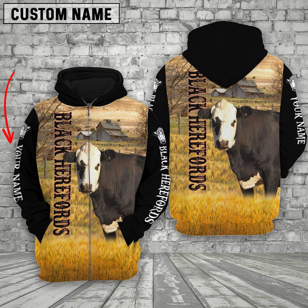 Joycorners Personalized Name Black Hereford On The Farm All Over Printed 3D Hoodie